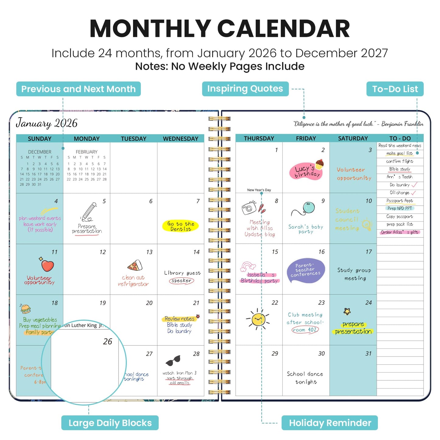 Monthly Planner 2026-2027, Aesthetic 2 Year Months Planner Calendar, 24-Months from January 2026 - December 2027, 26-27 Monthly Calendar Planner, Perfect for School Office Home, 7" x 10" - Midnight Cranes