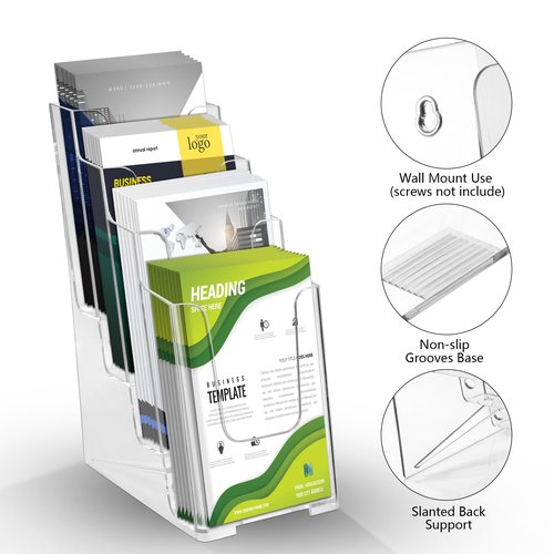 zavekia 3 Pack 4 Tier Acrylic Brochure Holder , 4-Inch Wide Clear Literature Holder Acrylic Pamphlet Holder Brochure Display Stand