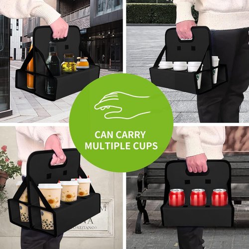 Boczif Cup Caddy - Portable 6-Cup Drink Carrier with Handle | Folds Flat for Coffee, Wine, Cocktails (Black)