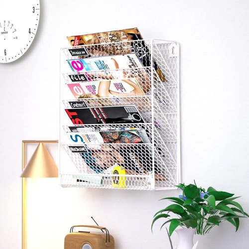 Wall File Holder Hanging Mail Organizer Metal Chicken Wire Wall Mount Magazine Rack for Home and Office (White)