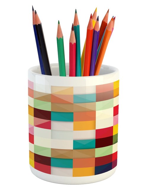 Lunarable Abstract Pencil Pen Holder, Modern Style Cube Inspired Colorful Graphic Cool Original Design Image, Printed Ceramic Pencil Pen Holder for Desk Office Accessory, Multicolor