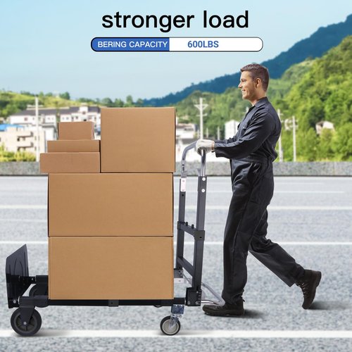 Heavy Duty Folding Hand Truck, Convertible Hand Truck Dolly Cart, Aluminum Dolly Cart for Moving Luggages, Boxes, Large Cartons, 600 Lbs Load Capacity (Black)