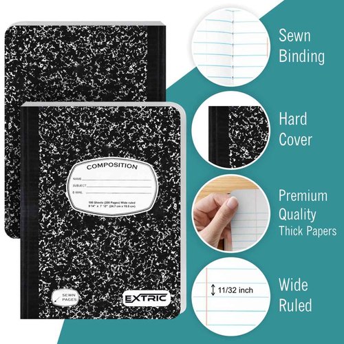 EXTRIC Composition Notebook Wide Ruled – 48 Pack Bulk Wide Ruled Composition Notebooks for School, 200 Pages (100 Sheets) No Bleed Composition Book Black Marble 9.75 x 7.5 in