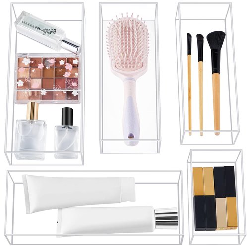 Briwooody 5 Pack Acrylic Desk Drawer Organizer, Makeup Drawer Organizer Trays, Storage Bins for Makeup, Jewelry, Gadgets for Kitchen, Bedroom, Bathroom, Office