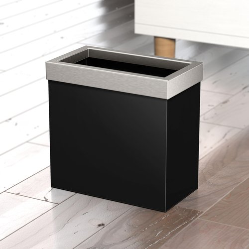 Gatco 1918SN Modern Rectangle Waste Basket, Matte Black and Satin Nickel Combo / 11.25" H Open Top Stainless Steel Trash Can with Removable Lid, 12 Liter Capacity