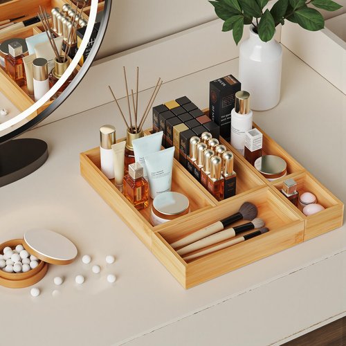HUCINIUN Bamboo Drawer Organizer Set, 5 PCS Wooden Storage Trays for Kitchen, Bathroom, Office, Makeup
