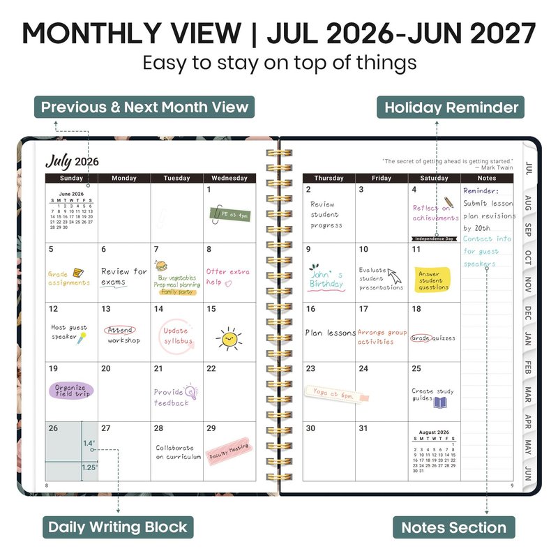Academic Planner 2026-2027, Weekly and Monthly Calendar Book, July 2026 – June 2027, Hardcover Planner with Tabs, Perfect for Teachers, Students, Women & Men, A5 (6.4" x 8.5") - Evening Petals