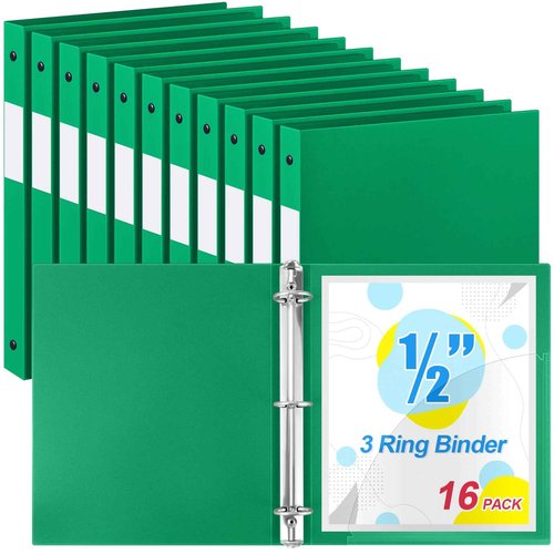 Henoyso 16 Pcs 3 Ring Binder 1/2'' Round Fits Letter Size 8. 5'' x 11'' Paper Plastic Flexible Binder Holds 100 Sheets with 1 Pockets Versatile Organizer for Office Home School (Green)