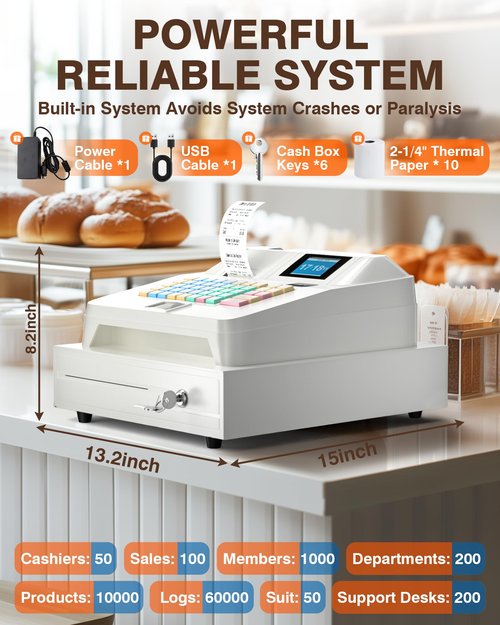 PYY Cash Register for Small Businesses - Electronic Commercial Caja Registradora para Negocio with Lock Cash Drawer Box, 48 Keys, 8 Digital Dual Display, System for Retail Supermarket Restaurant
