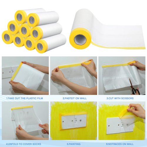 Seajan 18 Roll Painters Plastic with Tape Pre Taped Masking Film for Painting Automotive Paint Adhesive Protective Film Masking Tape Roll Plastic Painting Covering (White,5 x 65 Ft)
