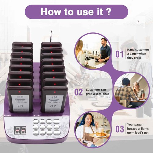 Daytech 10-Pack Wireless Pager System - Social Distancing Buzzer & Guest Calling Device for Restaurants, Retail, Healthcare (Waterproof, Rechargeable Beepers)