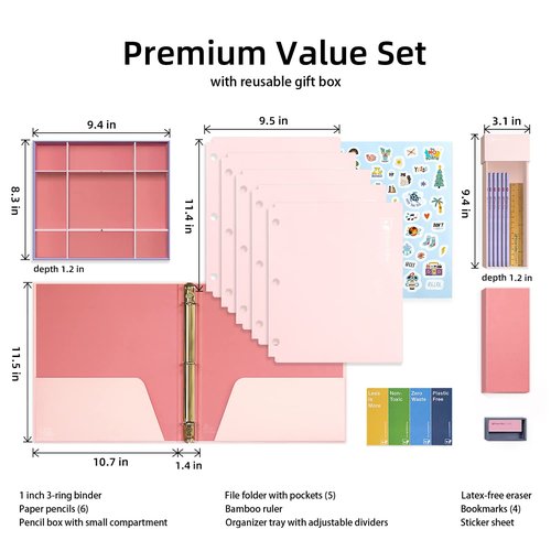 Blue Lake ECOLIFE 3-Ring Binder School Offiice Supplies Kit Bundle Plastic Free 22 Piece Binder, Folders, Pencils, Pencil Box Organizer Tray, Gifts for K-12, College Students, and Office