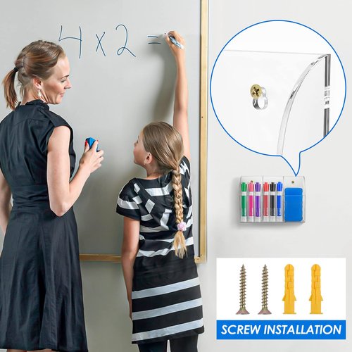 MaxGear Wall Marker Holder 3 Compartments, 2 Pack Desk Acrylic Organizer for Remotes, Pens, Makeup, Markers, Clear Remote Control Holder for Whiteboard Accessories-7.8'' x 1.6'' x 5.5''