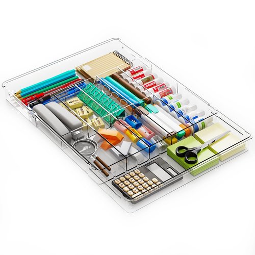 Yieach Large Expandable Desk Drawer Organizer Tray for Office Supplies and Accessories With 12 Adjustable Compartments,Office Drawer Organizers for Pencil,Pen and Kitchen Junk Drawer Organizer,Clear