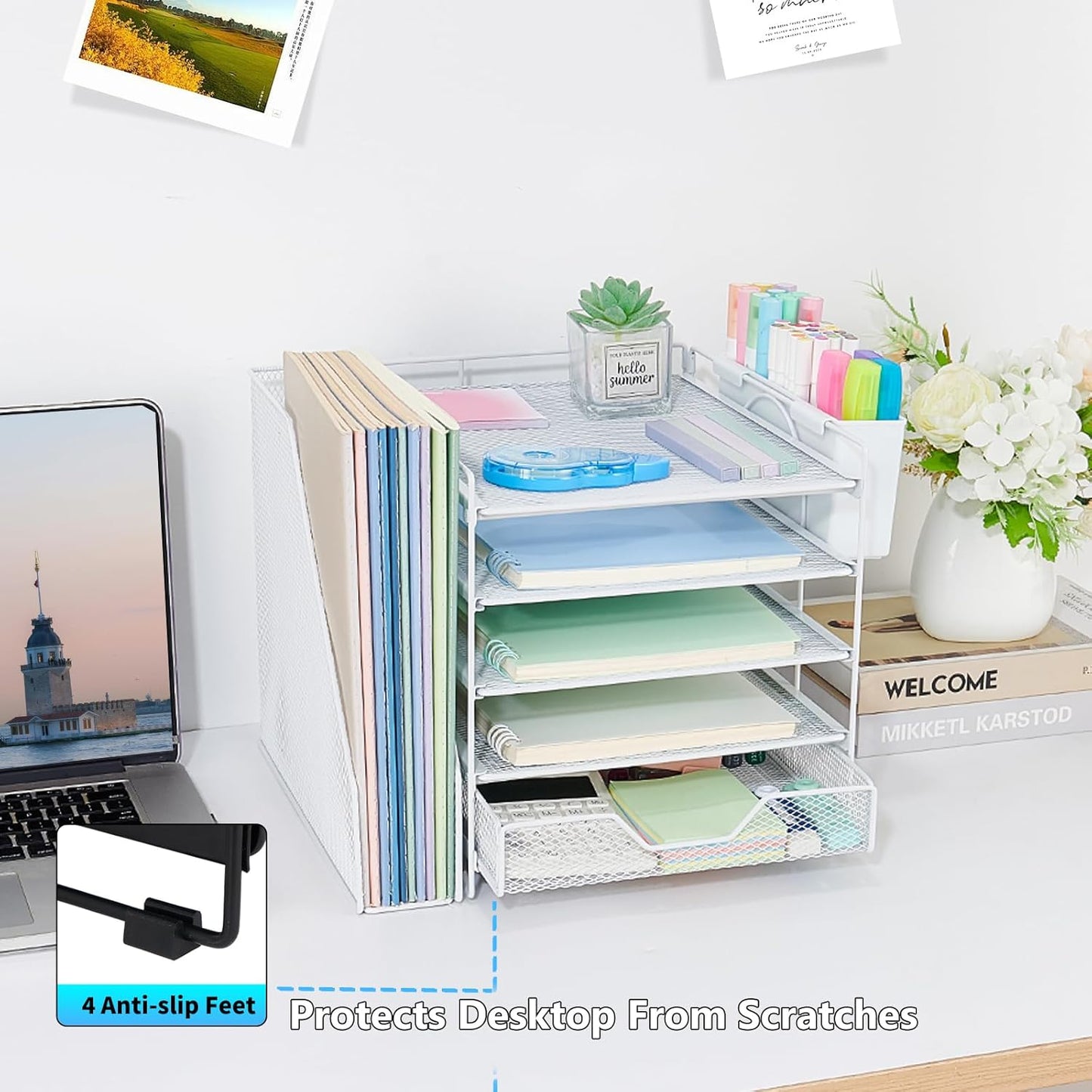 Skiennix Desk Organizer - 5-Tier Paper Letter Tray with File Holder & Drawer - White