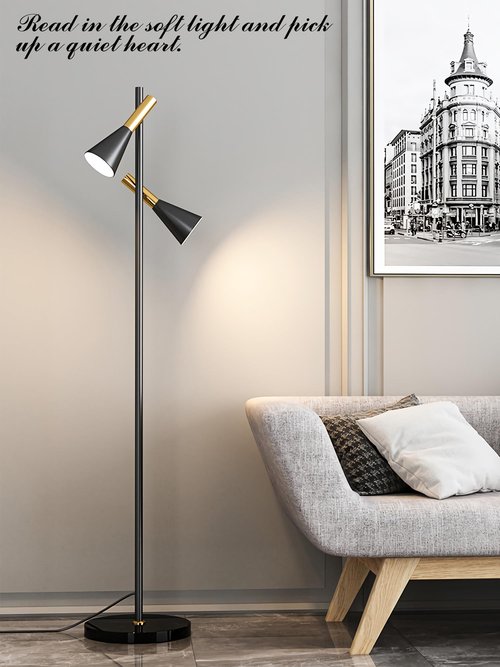 Asmymhd Modern Floor Lamp with 2 Adjustable Head Tall Pole Uplight for Living Room, Bedroom, Office,Gold and Black Corner Light for Reading (Black and Gold)