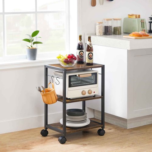 MAHANCRIS Printer Stand, 3-Tier Under Desk Rolling Cart with Storage Shelf, Heavy Duty Printer Table with Wheels for Home and Office, Printer Shelf with 2 Hooks, Small Spaces, Rustic Brown PTHR4001Z