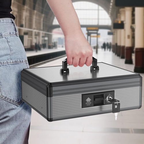 Lockbako Locking Cash Box with Money Tray and Key, Secure Money Safe Box for Cash, Portable Money Box with 2 Storage Spaces, Money Saving Organizer(Black, Extra Large)