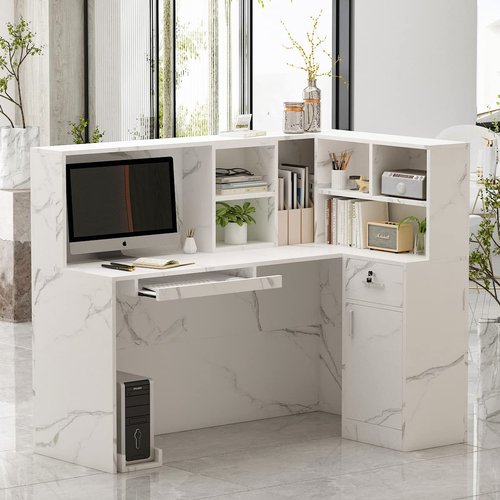 AIEGLE Reception Desk with Counter Drawers & Storage Shelves, L-Shaped Reception Counter Table for Salon Reception Room Checkout Office, Marble White (55.9" L x 32.3" W x 48.4" H)