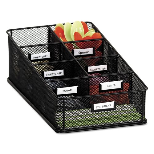 Safco 3291BL Onyx Mesh Condiment Carton Organizer 7 Compartments Break Room, Classroom Supply Organizer Steel Metal Mesh Includes Labels Black