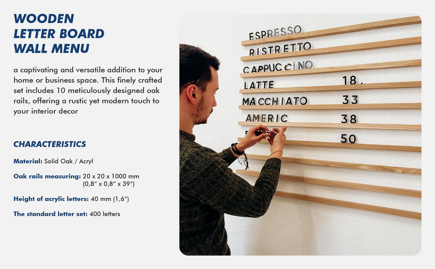 Inko Horeca Wooden Wall Menu Board - 10 Oiled Oak Rails + 400 Black Letters - Changeable Letter Shelf Display for Cafe, Restaurant & Home Decor