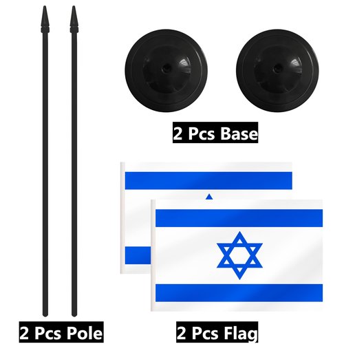 2 Pack Israel Desk Flag Set, Israeli Desktop Small Miniature Table Office Flag with 12" Black Pole and Black Base, Offices, Classroom, Home, Festival Decoration (Israel)