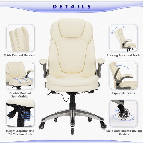 Executive Office Chair-Ergonomic Computer Desk Chair with Upgraded Caster for Swivel, High Back Office Chair with Padded Flip-up Arms, Stylish Leather Chair Thicken Seat for Comfort (Ivory, 300lbs)