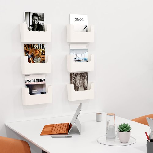 Senhoglb Office Hanging File Holder Oragnizer Rack, 6 pcs Wall Mounted Document Holder, Plastic Wall Magazine Rack Storage with Adhesive Pad for Home, Door , Cream White(No Drilling)