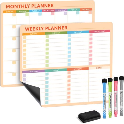 Magnetic Whiteboard Calendar for Fridge – 2-Pack Monthly & Weekly Planners (14”x12”) – Dry Erase Boards with Notes Section, Shaded Dates – Includes 4 Markers & Magnetic Eraser
