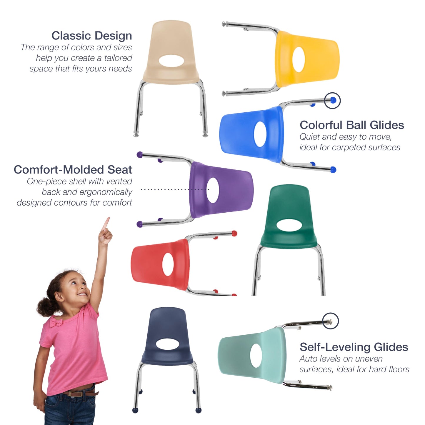 FDP 16" School Stack Chair,Stacking Student Seat with Chromed Steel Legs and Ball Glides for in-Home Learning or Classroom - Teal (6-Pack), 10367-TL