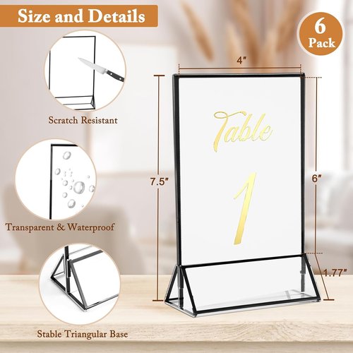 Floroom 6 Pack Clear Acrylic Sign Holders - Double-Sided Black Display Stands for Menus & Table Numbers