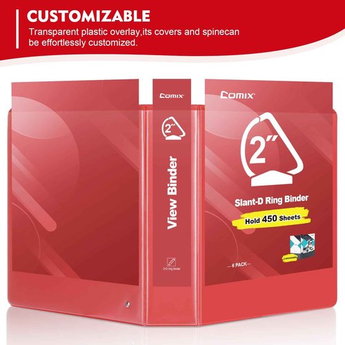 COMIX Sturdy 3 Ring Binder 2 inch with Clear View Cover, 2" Slant-D Ring View Binder Holds 500 Sheets of US Letter Size Paper, 6 Pack (Red)