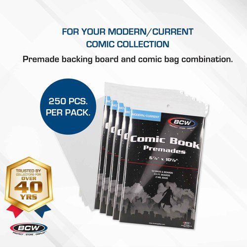BCW Current Premade Comic Bags & Boards | Preloaded Sleeves & Backer Boards for Modern Comics (250 Pack, Non-Resealable)