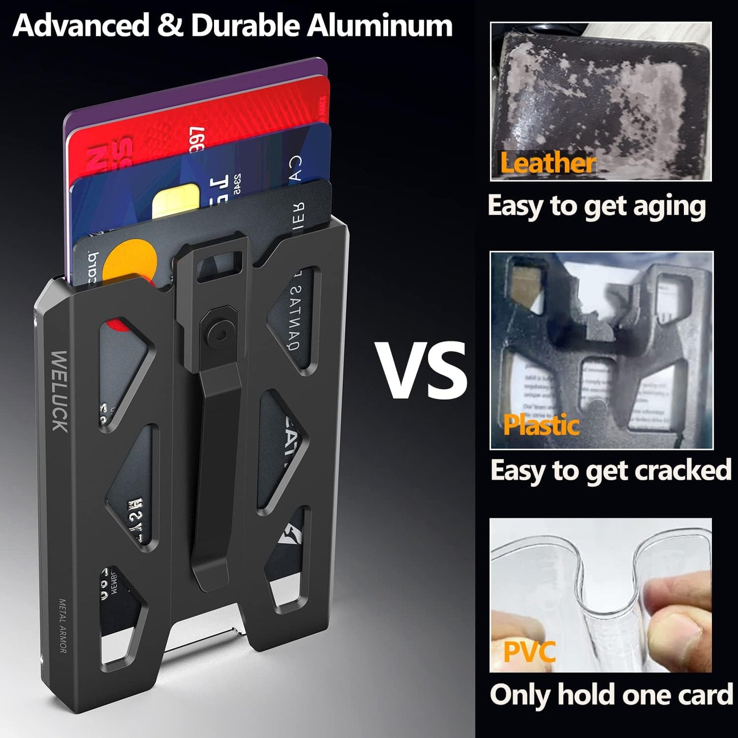 WELUCK Durable Aluminum ID Card Holder Wallet - 4 Cards/ID Badges with Lanyard & Metal Clip | Black