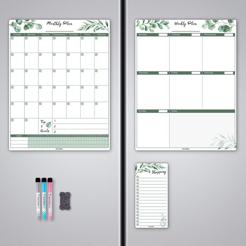 ALEZEL Magnetic Calendar for Refrigerator, Greenery Dry Erase Fridge Calendar Set (3 Boards) - Monthly & Weekly Planner Whiteboard, Shopping List White Board, 3 Markers + Eraser