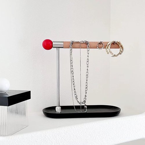 mollveesen Wood Entryway Key Holder for Standing, Storage Rack with 4 Hooks and Jewelry Tray,Multifunctional Desktop Supplies Holder，Bedroom Dresser Jewelry Organizer Rack for Necklace，Rings，Watches