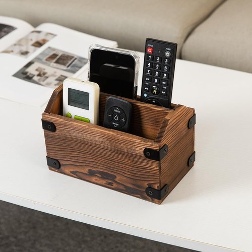 ExoLiry Brown Torched Wood Remote Control Organizer Burnt Wooden Tabletop Storage Caddy Two Compartment Holder TV Game Consoles Cell Phone Kitchen Utensils Office Supplies Living Room Home Bedroom