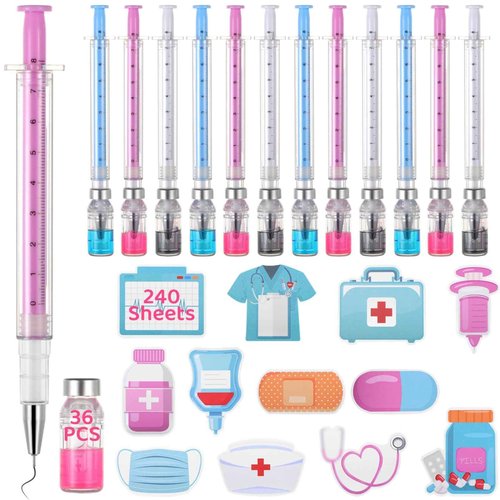 Tideme 276 Pcs Syringe Pens Bulk 3 Colors Novelty Nurse Pens 240 Sheets Adhesive Notes 0.5 mm Black Ink Ballpoint Pen Fun Gifts for Halloween Party Favors, School Supplies, Birthdays