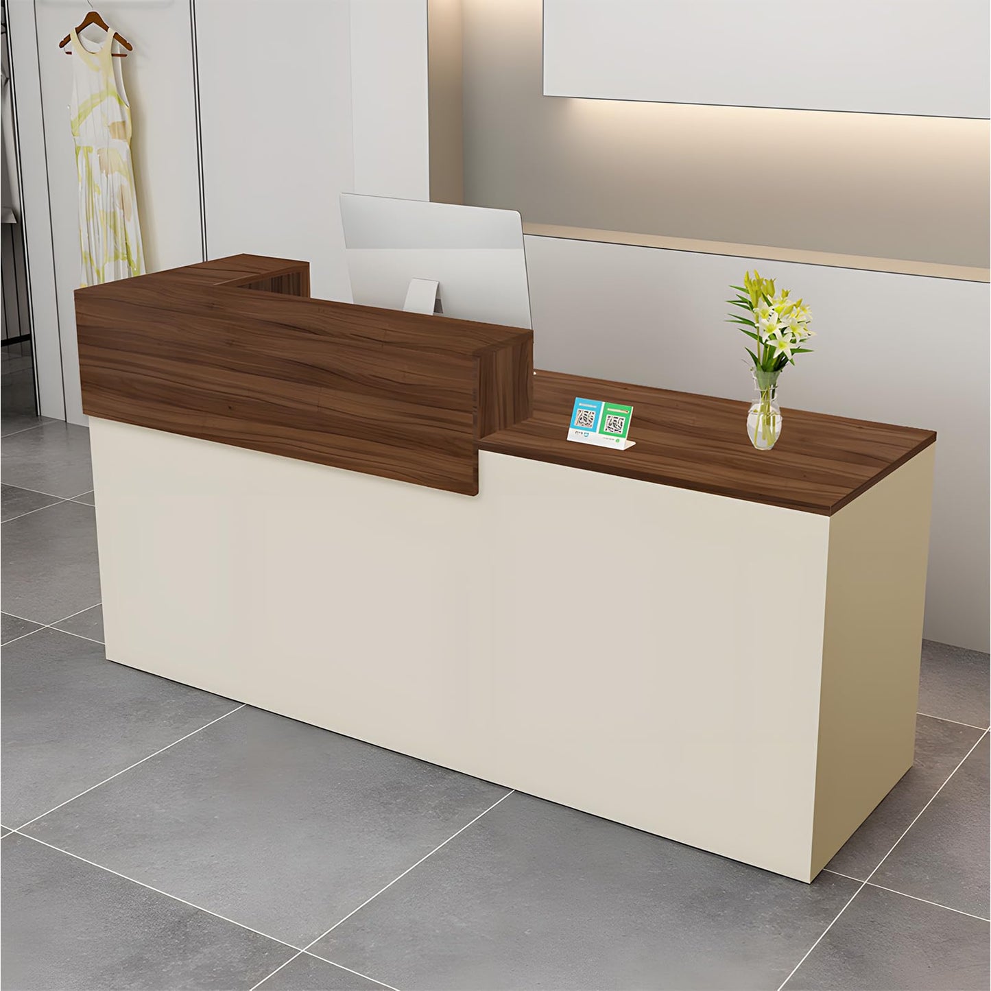 Modern Reception Desk with Drawer & Open Shelves, 39-95 Inch Front Counter Table, Computer Workstation Suitable for Salons, Offices, Lobbies, Retail Stores and Home Offices