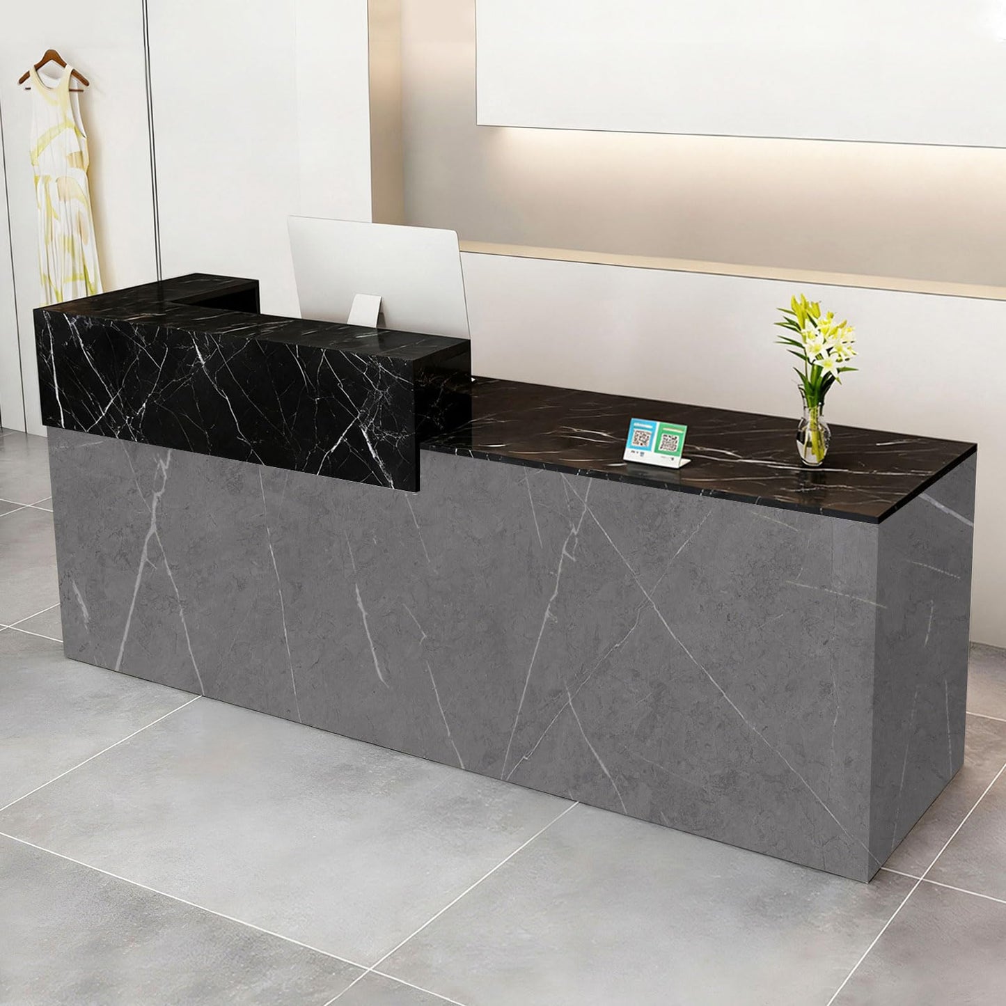 Modern Reception Desk with Drawer & Open Shelves, 39-95 Inch Front Counter Table, Computer Workstation Suitable for Salons, Offices, Lobbies, Retail Stores and Home Offices