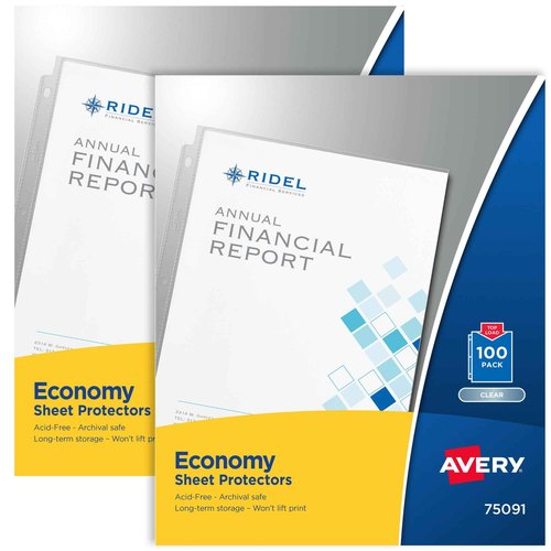 Avery Economy Weight Sheet Protectors, Acid Free, 8.5" x 11", 100 per Pack, 200 Clear Document Protectors Total (2-Pack of 75091)