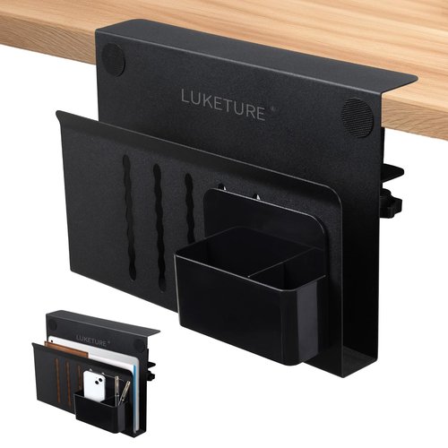 LUKETURE Desk Side Storage, Steel Side Desk Organizer, No Drill Laptop Holder, Clamp on Laptop Mount with Pen Holder, Table Hanging Storage for Home Office, Fits Flat Edge Tables 0.3" to 2.8"