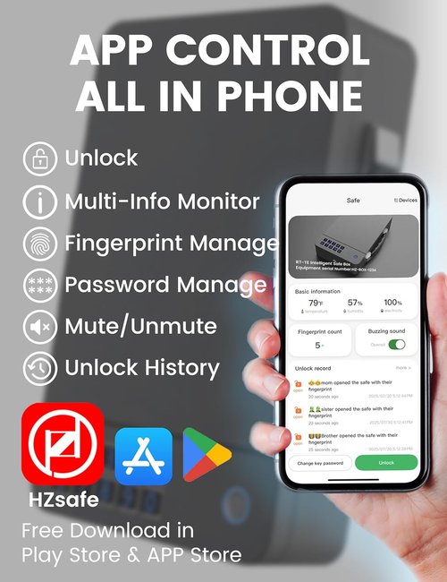 Biometric Gun Safe - 4-Way Unlock with APP, Fingerprint, PIN & Key - 2000mAh Rechargeable Battery