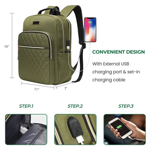 Modoker 15.6 Inch Women's Laptop Backpack, Quilted Work and Travel Backpack with USB Charging Port, Green