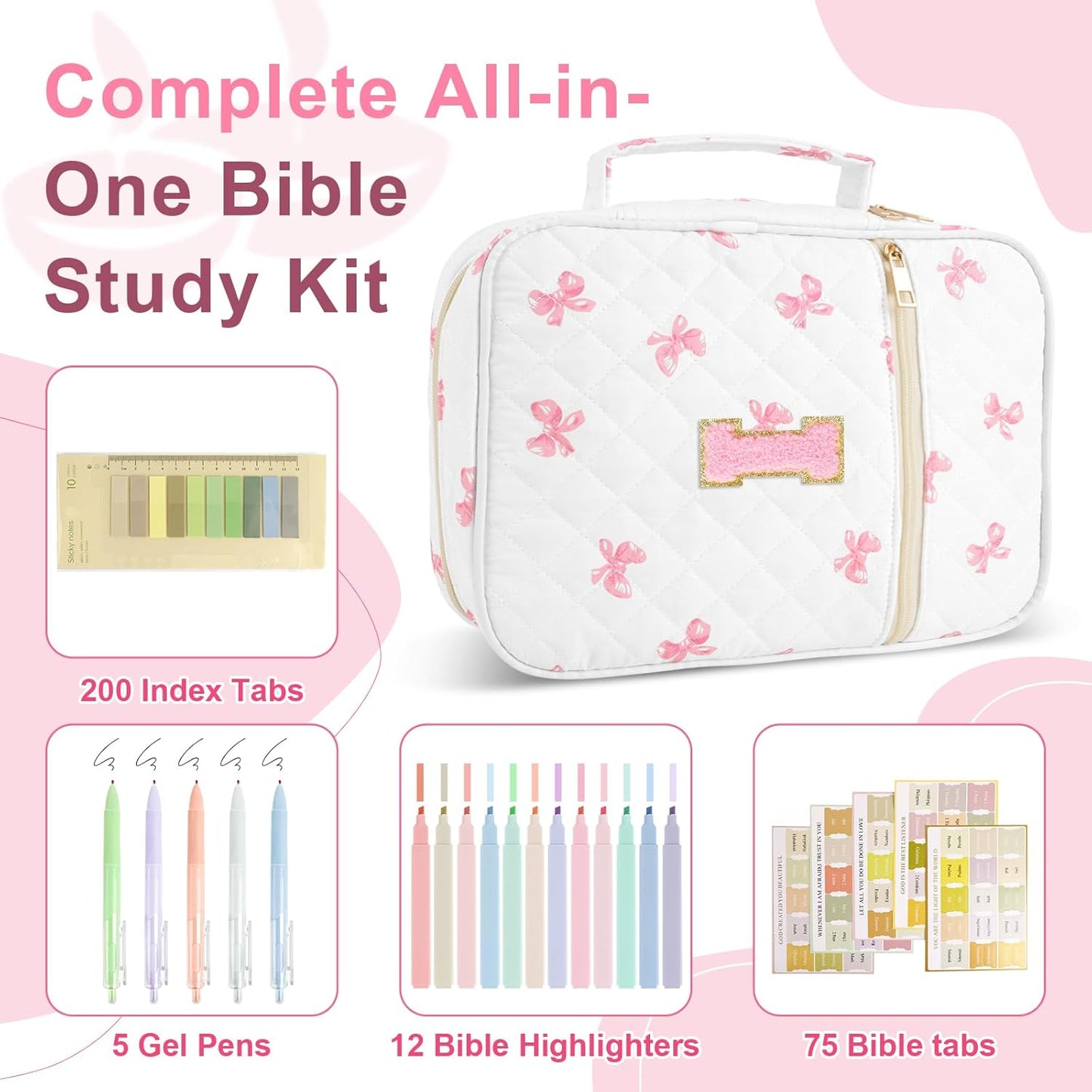 Skiennix Personalized Initial Bible Cover Case - Large Quilted Design with Handle, Stylish Pink Bow for Women & Kids
