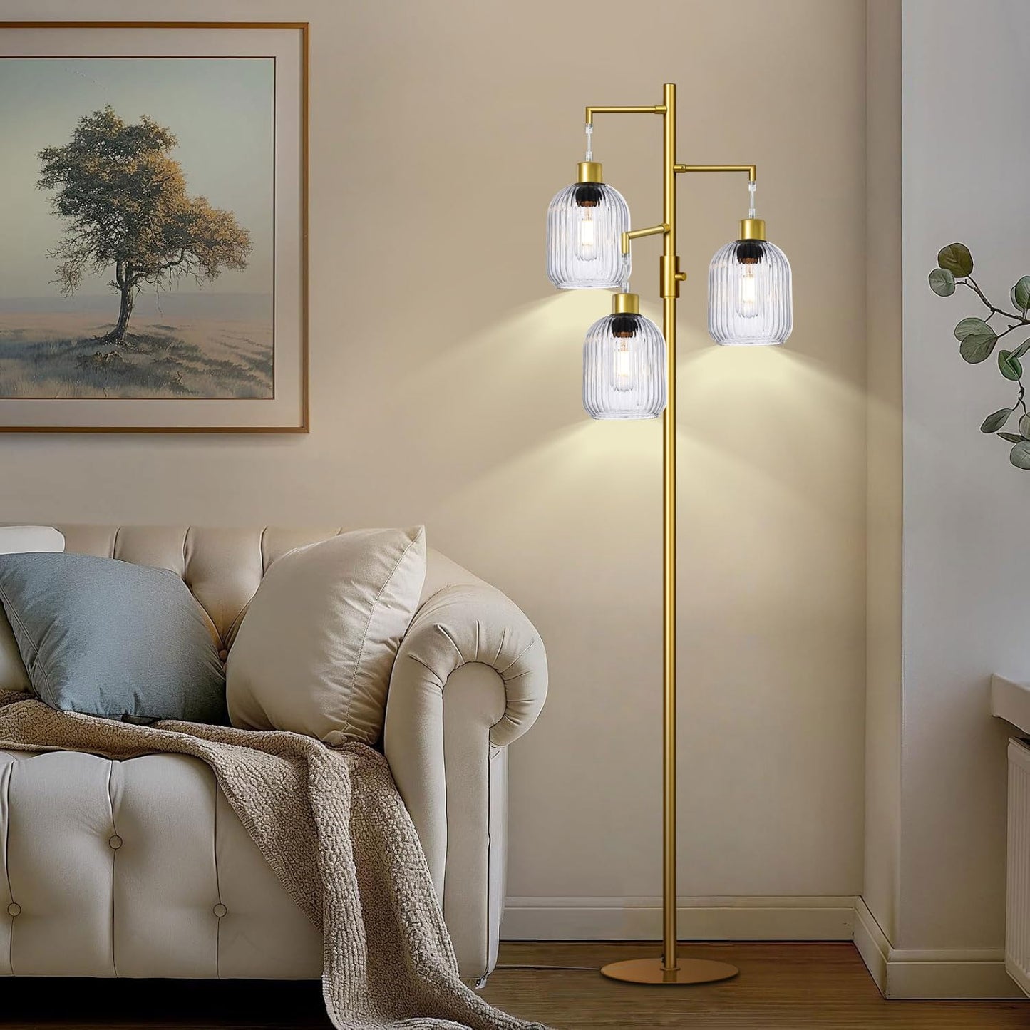LVYE Modern Standing Lamps for Living Room, Floor Lamp with Clear Ribbed Glass Shade, Dimmable Tree Lamp Standing Lamp, Mid Century Tall Lamps with 3×600LM LED Bulbs