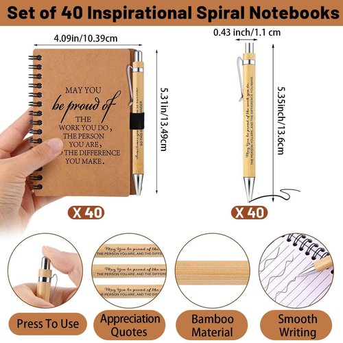Czlotyh 80 Pcs Employee Appreciation Gifts Inspirational Spiral Notebooks Bulk Motivational Journals Thank You Bamboo Ballpoint Pens for Nurse Teacher Coworker(MAY YOU)
