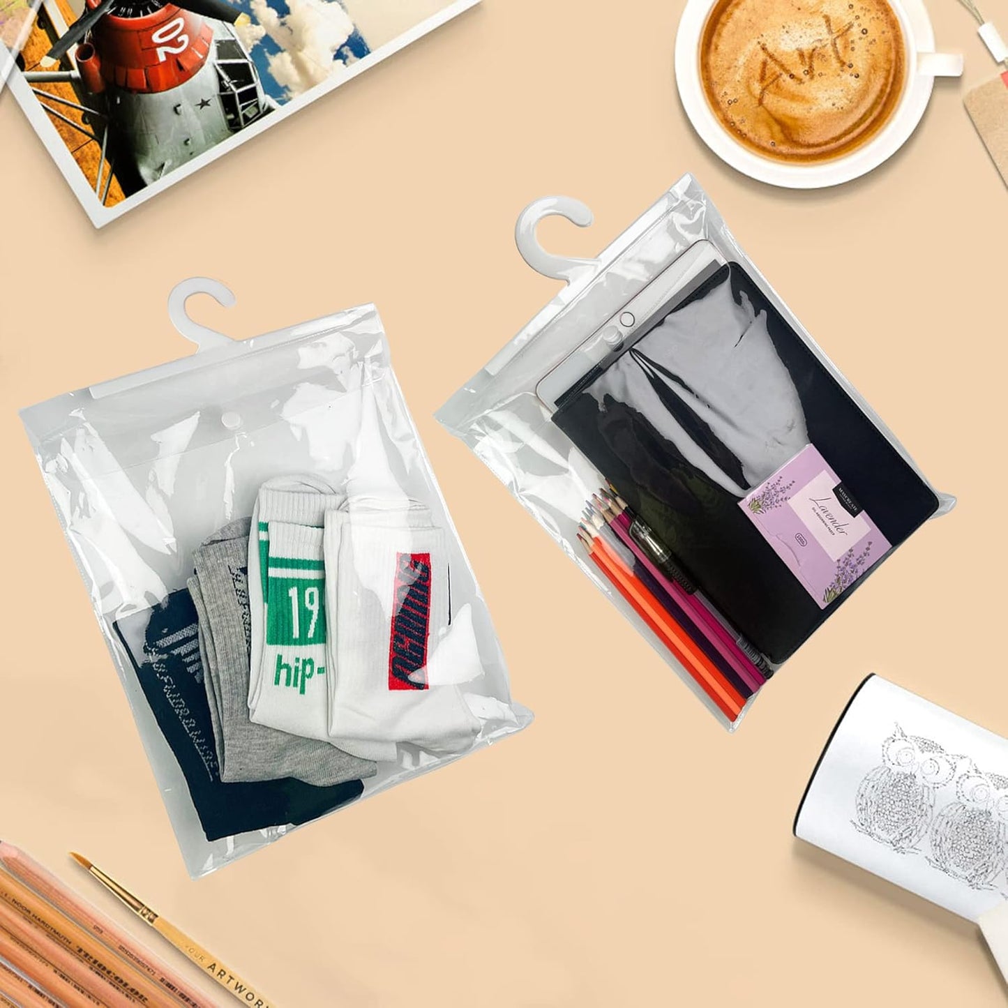 Skiennix Hanging Storage Bags - Clear Plastic Organizer with Hanger | 13" x 11" for Classroom & Home Use