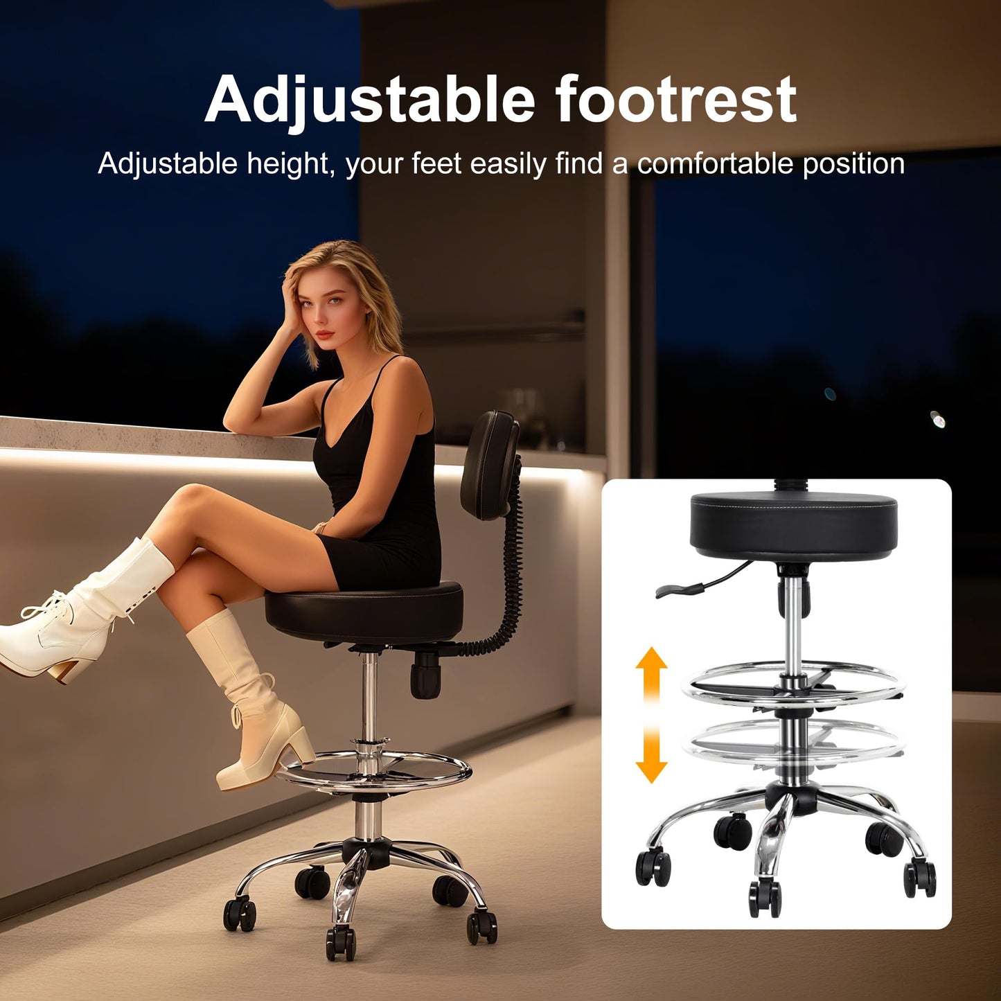 Frassie Drafting Chair Stool with Back Support Height Adjustable Salon Bar Rolling Stool with Footrest Ring Comfy Swivel Task Home Desk Chairs (1)