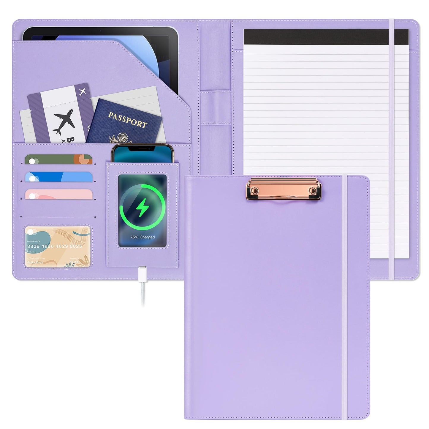 Ospelelf Foldable Leather Clipboard Folio with Notepad 8.5 x 11, Purple Business Padfolio for Women Portfolio Organizer